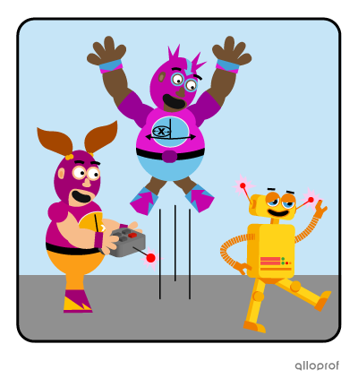 Two wrestlers in masks bursting with joy because their robot project is working.