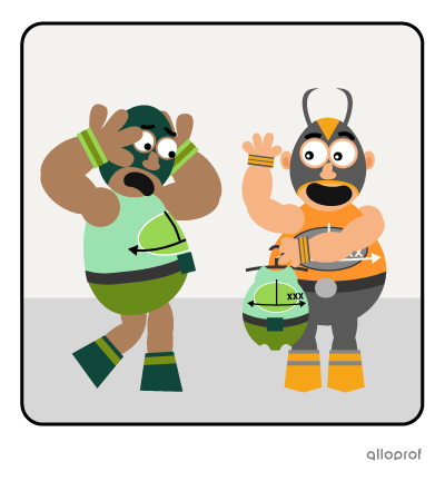 A wrestler in a mask explaining to another that a costume is too small.
