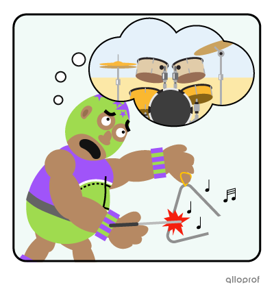 A wrestler in a mask sadly playing the triangle while thinking about his drum set.
