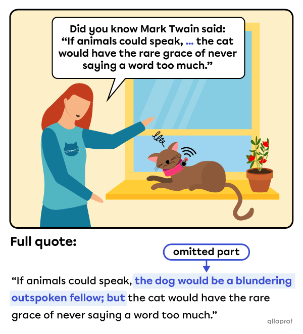 Selina the inventor quoting Mark Twain to her cat, with an omission in the quote.