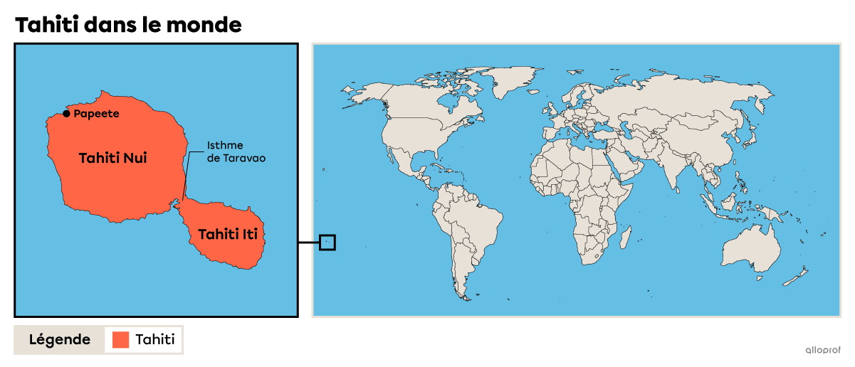 Carte situant Tahiti dans le monde et montrant les deux zones principales de l’ile.