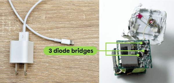 The diode bridges in the electronic circuit of a mobile phone charger.