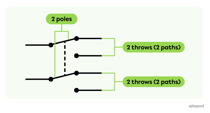 A double-pole double-throw switch has two poles and two paths per pole.