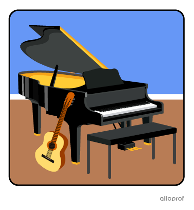 A guitar beside a piano.