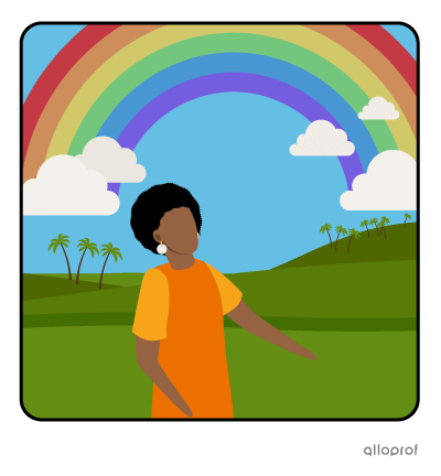 Woman under a rainbow.