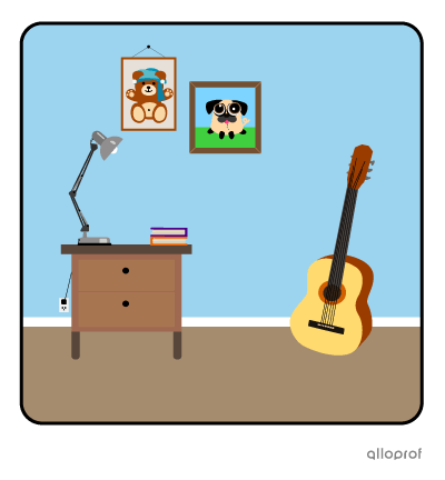 A guitar leaning against a wall.