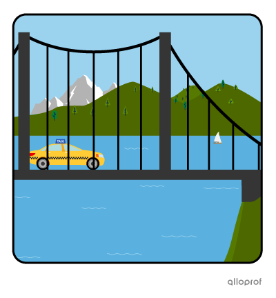 Taxi driving on a bridge.