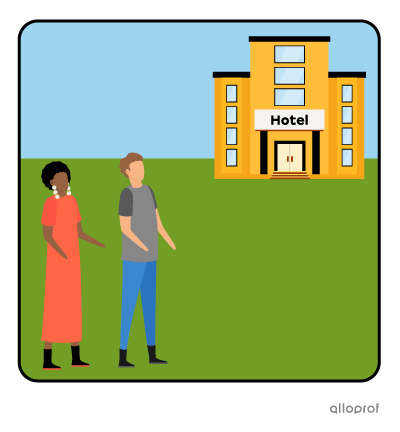 People in front of a Hotel.