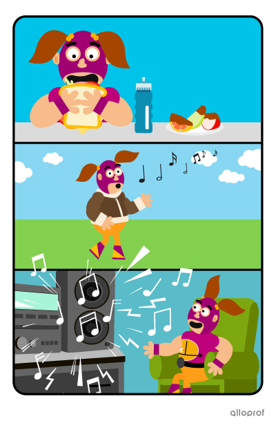 A wrestler in a mask eating a sandwich, then taking a walk outside and after listening to some very loud music.
