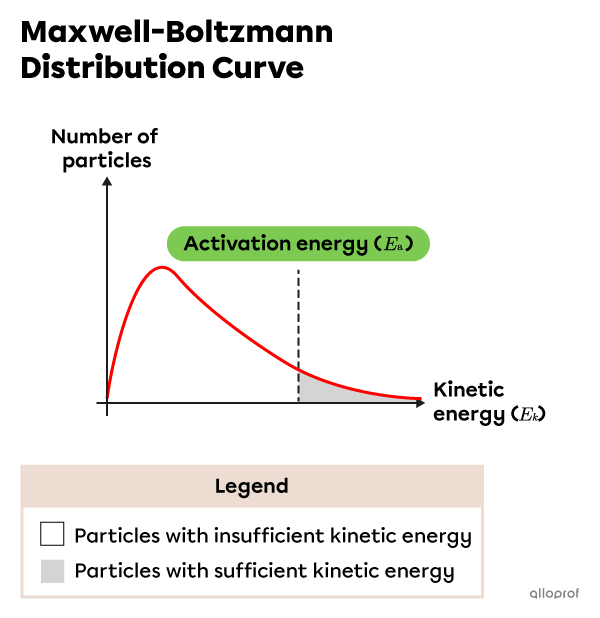 The Maxwell-Boltzmann distribution curve shows that particles in the unshaded region have less kinetic energy than the required activation energy. Only particles in the shaded area have enough energy to undergo successful collisions.