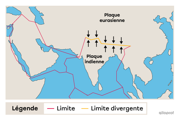 Une carte géographique indiquant l’endroit d’une limite convergente entre la plaque eurasienne et la plaque indienne.