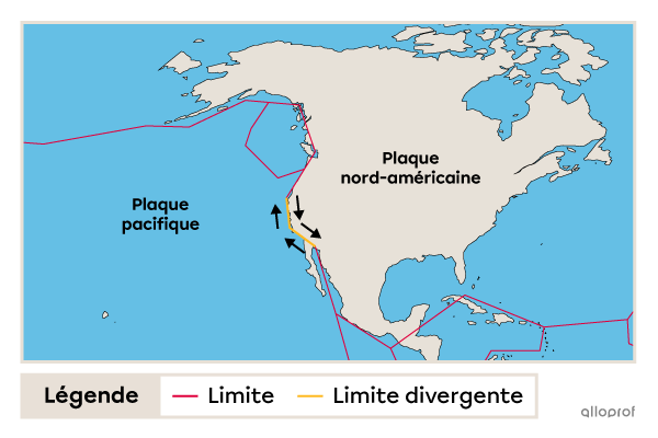 Une carte géographique indiquant l’endroit d’une limite transformante entre la plaque pacifique et la plaque nord-américaine.