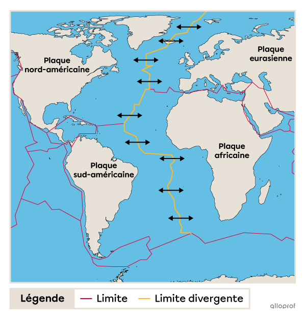 Une carte du monde montrant l’étendue de la dorsale médio-atlantique qui se forme à la limite divergente entre la plaque eurasienne et la plaque nord-américaine, et entre la plaque africaine et la plaque sud-américaine.