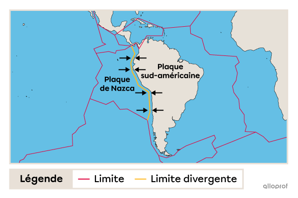 Une carte géographique indiquant l’endroit de la limite convergente entre la plaque de Nazca et la plaque sud-américaine. 
