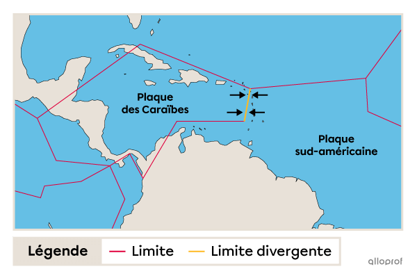 Une carte géographique indiquant l’endroit d’une limite convergente entre la plaque des Caraïbes et la plaque sud-américaine. 