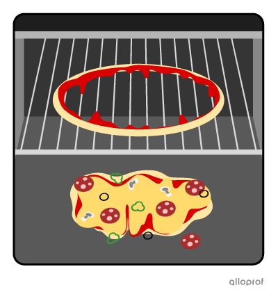 A burnt pizza in an oven.