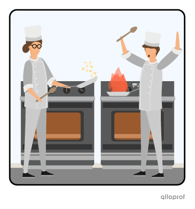 A man holding a pan that is on fire beside another woman holding a perfectly cooked meal in a pan.
