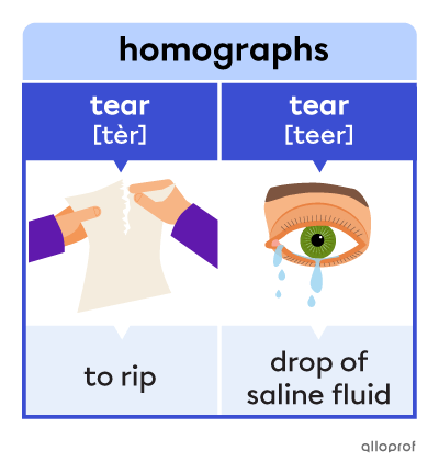 “Tear” and “tear” are homographs. One means “to rip” and one refers to the “drop of saline fluid” that comes out of our eyes when we cry.