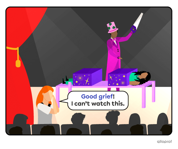 Spectator horrified to see the magician about to cut his assistant in half.