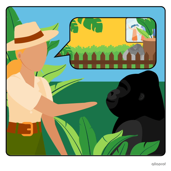 Woman talking to a gorilla about building a habitat.