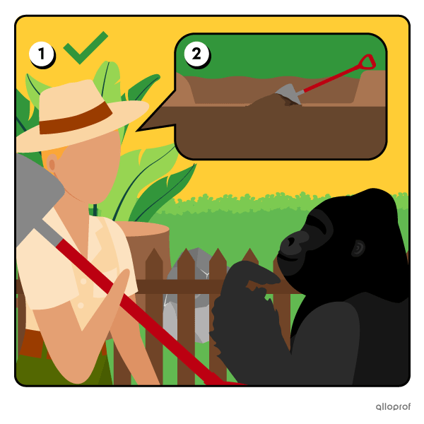 Woman talking to a gorilla about digging a moat after building a habitat.