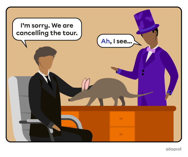 Magician talking to his manager. He is disappointed to learn that his tour is getting cancelled.