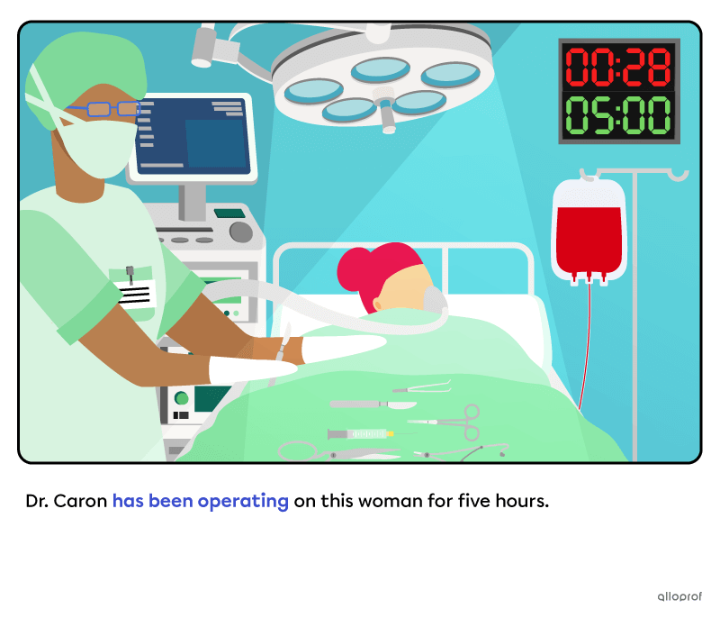 Woman operating on her patient. The clock indicates 5 hours.