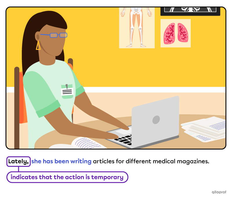 Woman writing an article on her laptop.