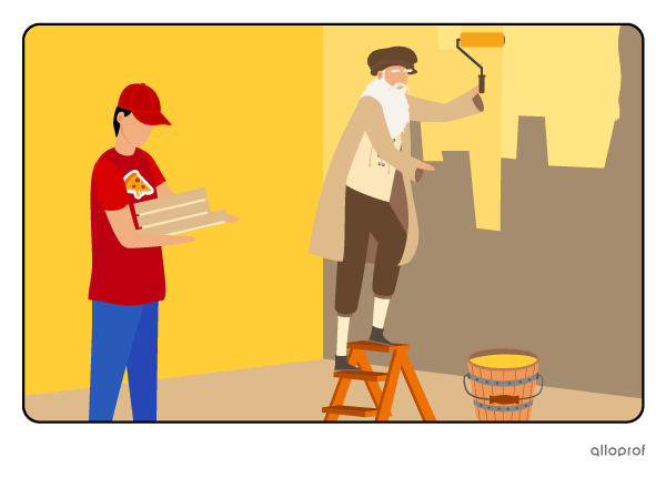 Leonardo da Vinci painting a wall when the pizza delivery arrives.