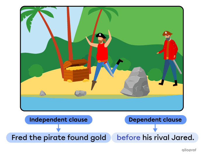 A complex sentence showing a pirate finding gold while another is sad.