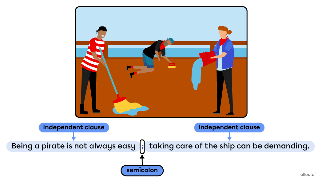 Using a semicolon in a compound sentence showing seamen cleaning a boat.