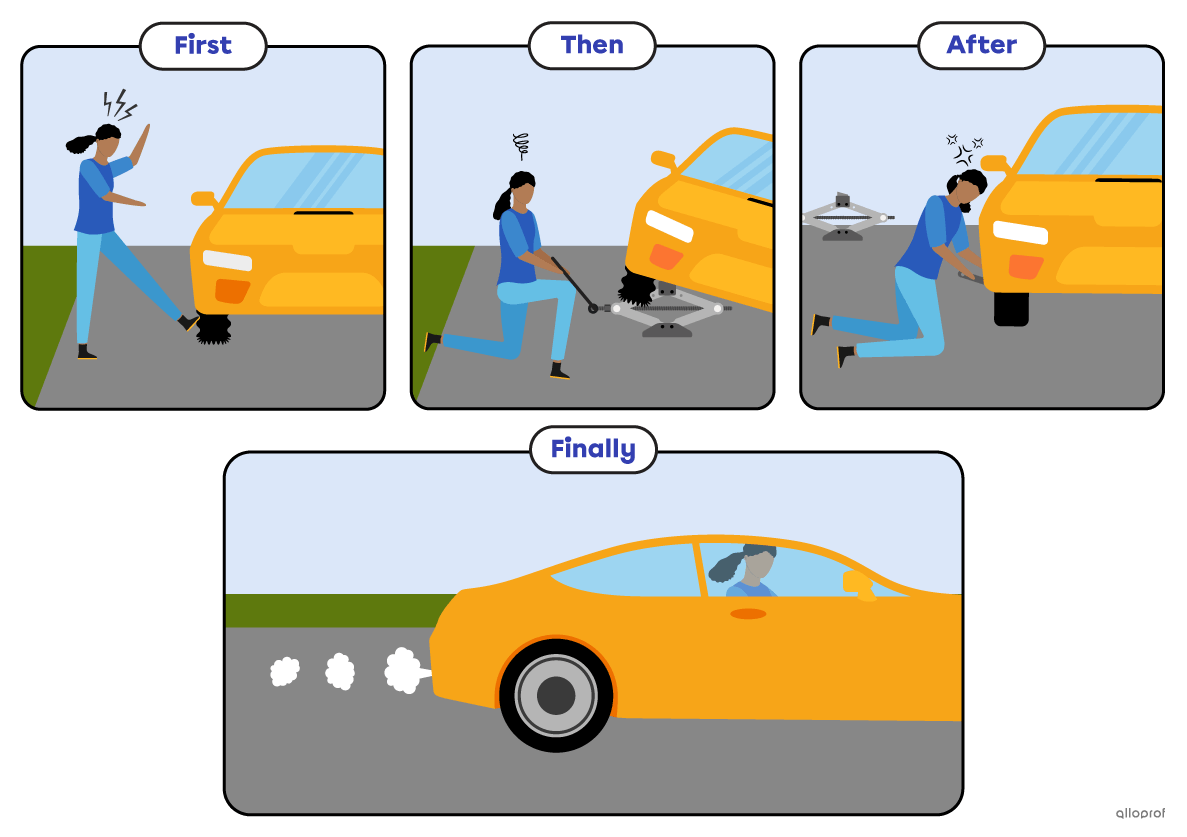 A woman changing a flat tire. 