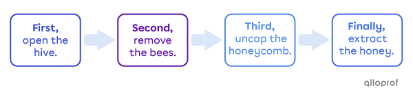 Diagram showing a sequence of collecting honey from a hive.