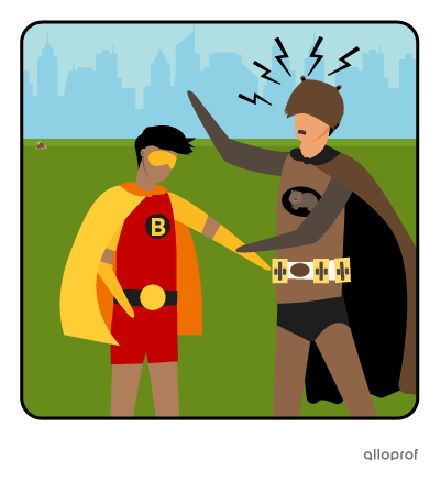 A superhero has a utility belt in hand. Another seems angry and answers no.