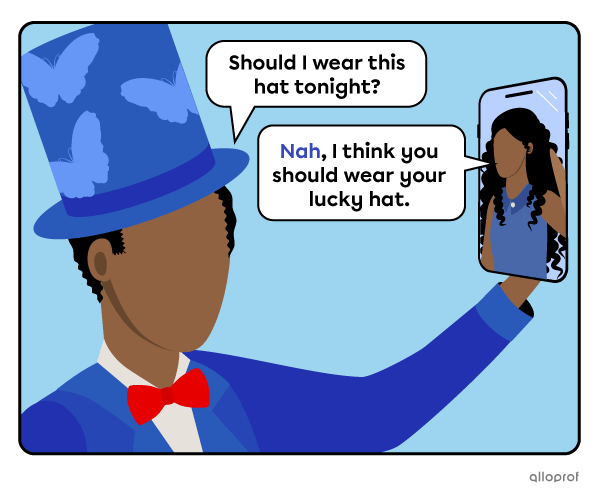 Man wearing a magician hat video-calling his friend.
