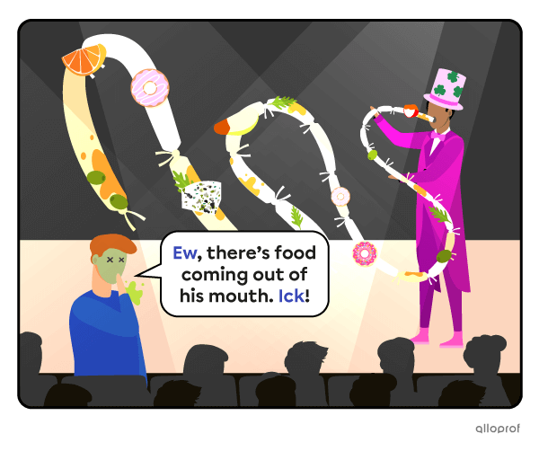 Magician performing the mouth coil magic trick. Food is coming out with the scarf and the crowd is disgusted.