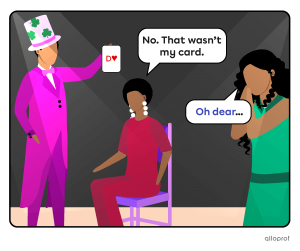 Woman sitting on stage, on a chair. The magician is showing her a card that isn’t the one she picked. The assistant is standing next to them, disappointed.