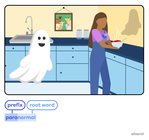 Woman cooking. There is a ghost in her kitchen.