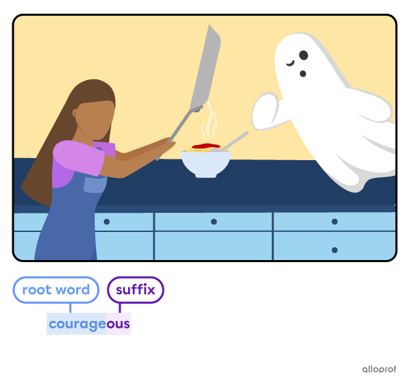 Woman courageously walking towards a ghost. She is holding a pan.