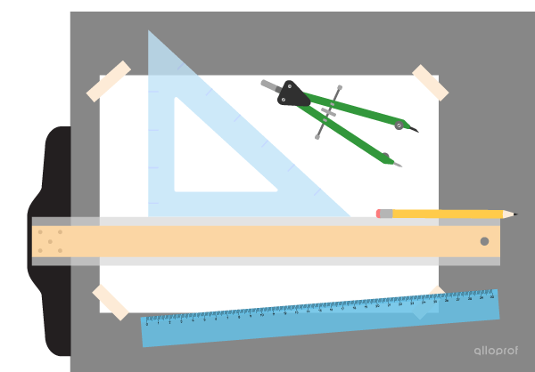 A sheet of paper properly attached to the drawing board with tape, a T-square, a set square, a lead pencil, a ruler and a compass.
