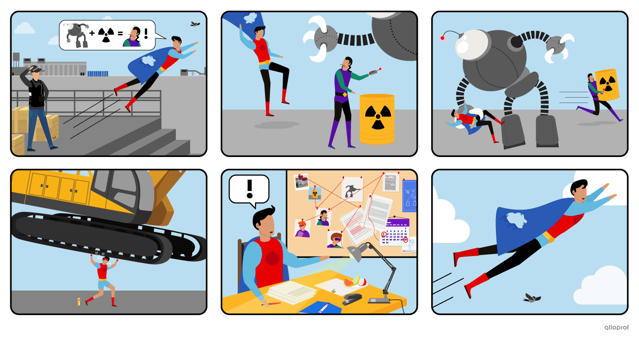 A superhero tries to stop a villain but fails. He then trains, does some research and flies to find the villain once more.