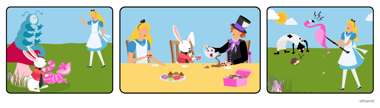 The character Alice meeting stranger characters in Wonderland, then going to a mad tea party and playing a game of croquet.