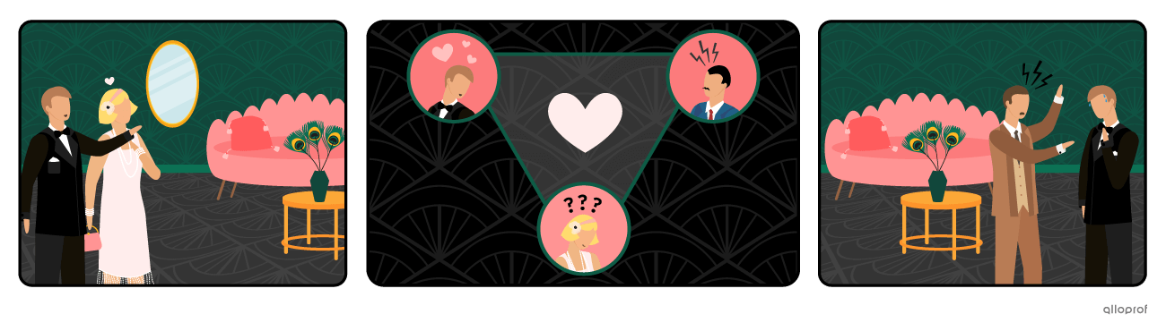 The protagonist, Gatsby, is trying to win over his former lover Daisy by displaying his wealth and status. It creates a love triangle with Daisy’s husband and some friction with his friend Nick, the narrator of the story.