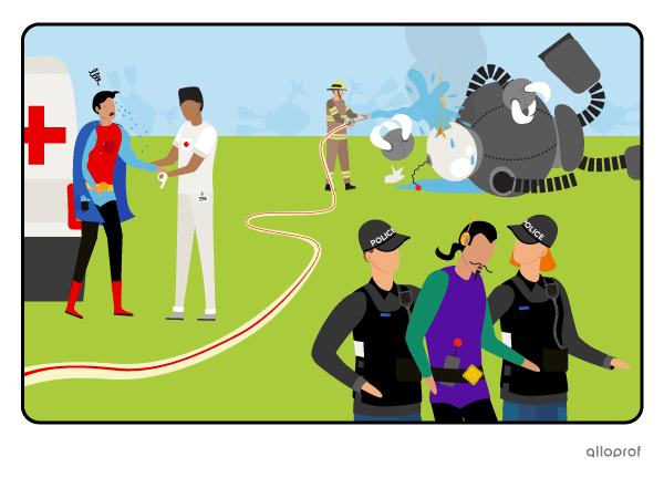 A superhero being taken care of by a paramedic while firefighters are putting out flames and the villain is being dragged away by the police.