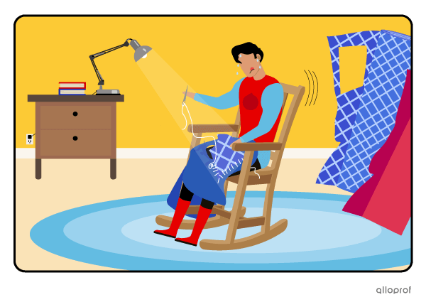 A superhero in a rocking chair mending his costume after a long, hard day.