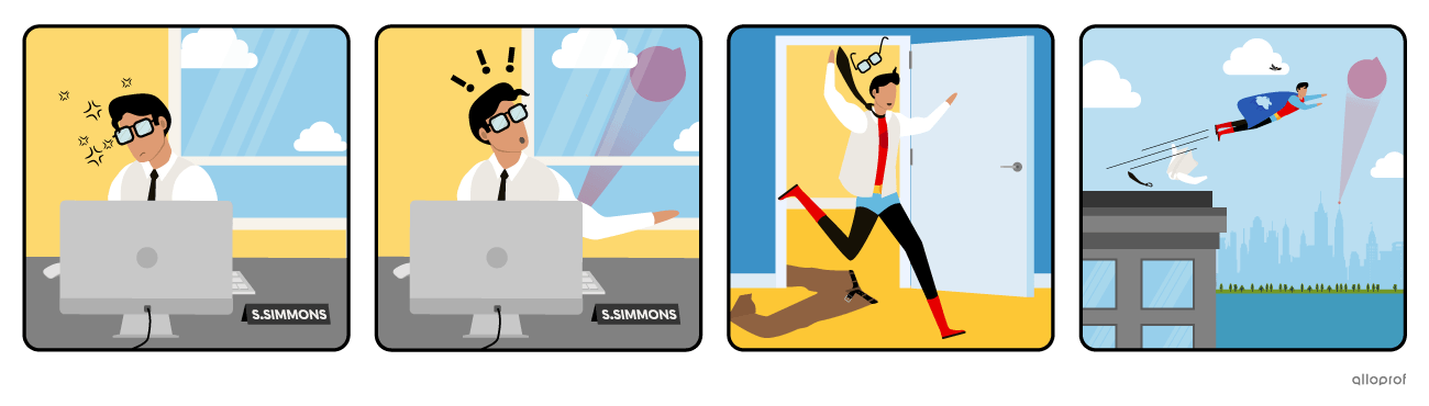 A sequence in 4 panels. Panel 1: Mild-mannered Simon Simmons is working at his desk job. Panel 2: He sees a signal in the sky. Panel 3: He runs out, revealing the costume under his shirt. Panel 4: He flies off in the direction of the signal.
