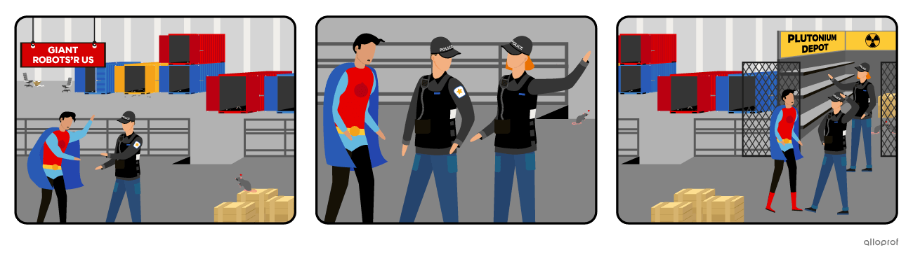 A superhero is talking to the police because a robot factory and a plutonium reserve were robbed.