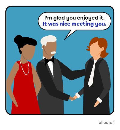 3 people at the opera, saying goodbyes.