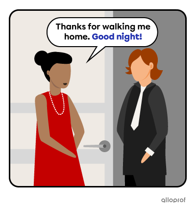 A guy and a girl standing in front of a door, saying good night.