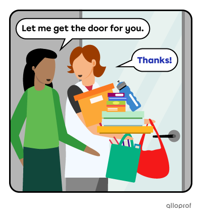 Woman offering to open the door to someone with his hands full.